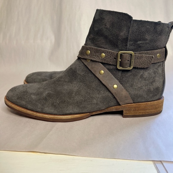 Kork Ease Kenai Gray Suede Boots Booties Ankle Buckle Strap Low Heal - Picture 1 of 8